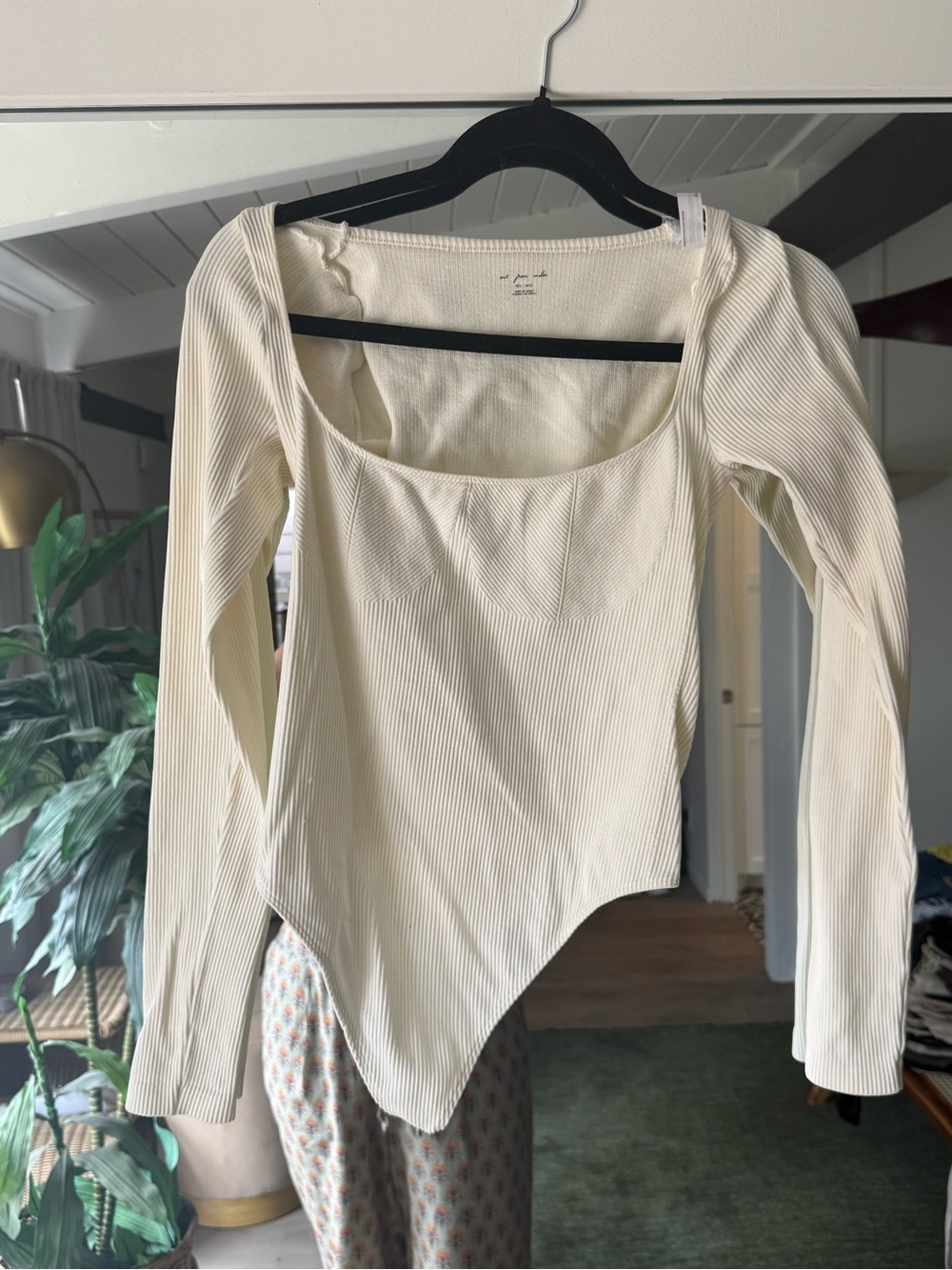 Urban Outfitters Cream Ribbed Long-Sleeve Square-Neck Bodysuit